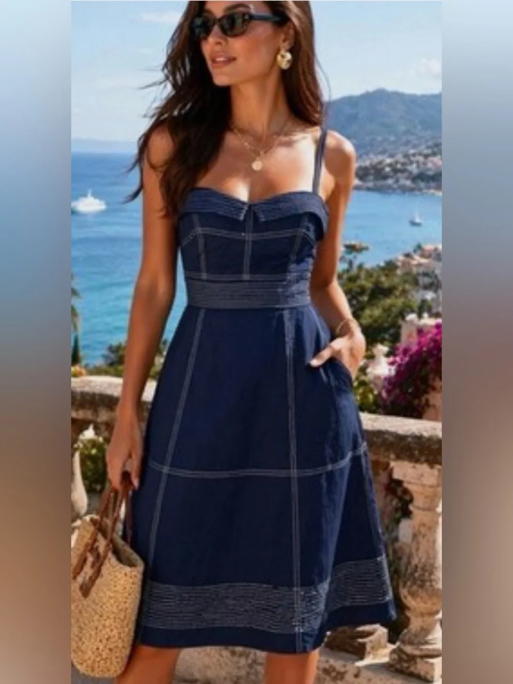Anthropologie Maeve Navy Blue Sailor Retro Sundress with Contrast Stitching XS - Picture 2 of 11